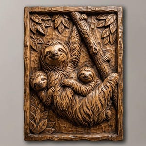 May include: A rectangular wooden wall plaque featuring a detailed relief carving of a parent sloth and two offspring clinging to a tree branch. The artwork displays natural wood grain textures, carved leaves, and a textured border frame.
