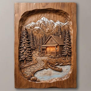 Puede incluir: Una placa de pared rectangular de madera con una talla en relieve detallada de un paisaje montañoso. La escena muestra una cabaña de troncos con una luz brillante, un camino de piedra, pinos altos, una canoa en un estanque y montañas nevadas.