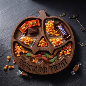 May include: A dark brown wooden serving tray shaped like a pumpkin with carved facial features and the text TRICK OR TREAT. The tray is divided into sections filled with assorted candies including candy corn, gummy worms, and chocolate bars.