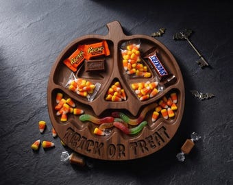 Halloween pumpa godisbricka CNC-fil | Bus eller godis mellanmålstallrik | Träsniderimönster | 3D STL digital nedladdning