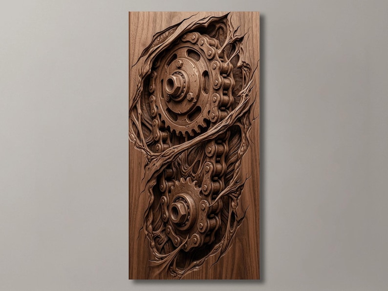 Embrace visceral gothic design with this 3D STL digital file, featuring torn mechanical chains and heavy gears erupting through splintered wood that mimics torn flesh. Expertly optimized for CNC routers, laser engraving, and 3D printers, this eerie industrial relief is ideal for dark steampunk wall art, edgy man cave decor, motorcycle garage hangings, and unique mechanic gifts. A premium instant digital download for serious woodworkers.
