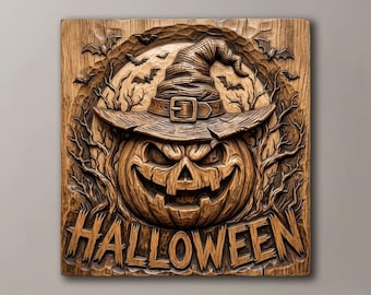 Halloweenpumpa-häxhatt 3D-relief STL-fil | Spöklik fladdermusträsnideri CNC-fräsmodell | Gotisk väggdekoration | Artcam Aspire 3D-skrivare