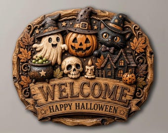Halloween välkomstskylt STL 3D relieffil, CNC-fräs träsniderimodell, häxa spöke pumpa svart katt väggkonst digital nedladdning