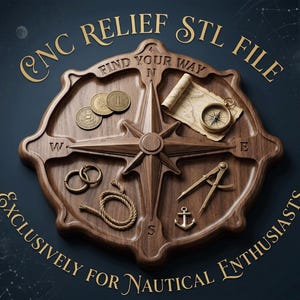 Puede incluir: Un relieve circular de madera con una rosa de los vientos central y las direcciones N, S, E y O. El diseño incluye un mapa enrollado, una brújula, monedas, cuerda, un compás y un ancla. El texto dice CNC RELIEF STL FILE.