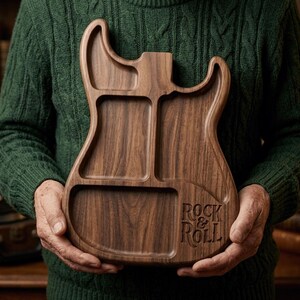 Electric guitar valet tray STL file and catchall organizer model for CNC routers and 3D printers. High-detail relief digital download designed for music lovers, guitarists, and man cave decor projects. Perfect woodcarving pattern and CNC router file for crafting custom musician gifts and desktop accessory storage.