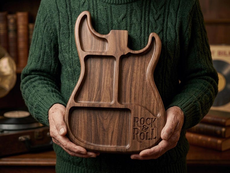 Electric guitar valet tray STL file and catchall organizer model for CNC routers and 3D printers. High-detail relief digital download designed for music lovers, guitarists, and man cave decor projects. Perfect woodcarving pattern and CNC router file for crafting custom musician gifts and desktop accessory storage.