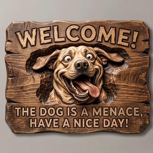 Puede incluir: Un letrero de madera rectangular con una imagen tallada en relieve de un perro sonriente en el centro. La palabra WELCOME! está tallada en la parte superior y el texto THE DOG IS A MENACE, HAVE A NICE DAY! en la parte inferior.