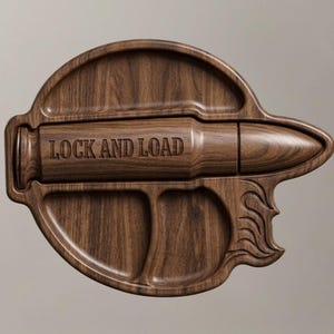 High-resolution CNC relief stl file for a tactical bullet valet tray. The model features deeply carved compartments for an EDC dump tray, holding a military-style watch, US coins, and keys. The central bullet relief is engraved with "LOCK AND LOAD." This detailed 3D woodworking file is perfect for creating custom man cave catchall tray gifts.