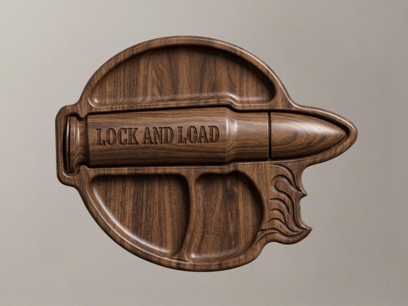 High-resolution CNC relief stl file for a tactical bullet valet tray. The model features deeply carved compartments for an EDC dump tray, holding a military-style watch, US coins, and keys. The central bullet relief is engraved with "LOCK AND LOAD." This detailed 3D woodworking file is perfect for creating custom man cave catchall tray gifts.