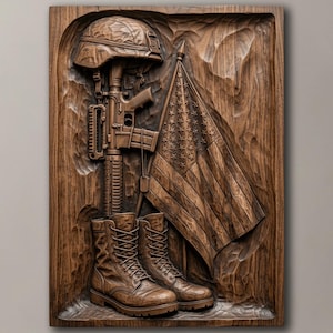 STL-bestand van een gevallen soldaat met een kruis in de hand, CNC-houtsnijwerk met de Amerikaanse vlag als militair monument, 3D-printermodel voor Veteranendag.