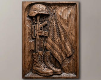 Fallen Soldier Battle Cross STL, US Flag Military Memorial CNC Wood Carving Relief File, Veteran Day 3D Printer Model Art