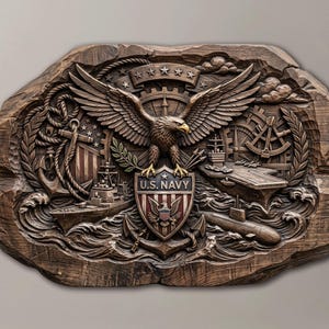 Puede incluir: Una placa de pared de madera marrón oscuro con una talla en relieve detallada de un águila calva con las alas extendidas sobre un escudo con la inscripción U.S. NAVY. El diseño incluye un barco, un submarino, un ancla y olas.