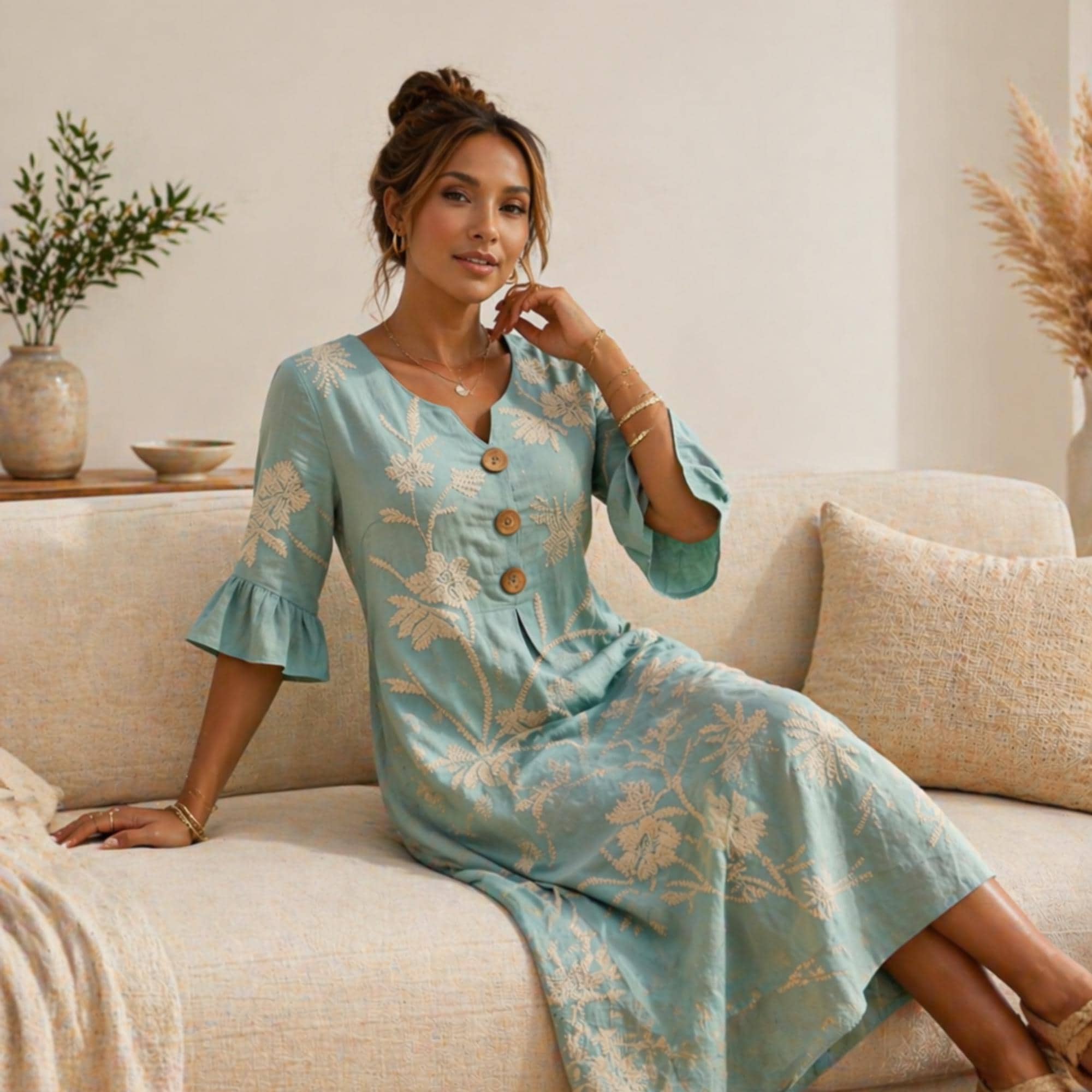 blue dress with sunflowers Short Sleeved Sunflower Midi Dress In Blue main image 0
