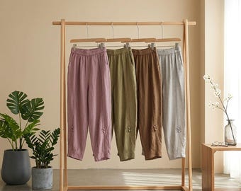 Pantalones de lino – Pantalones holgados con botones, pantalones cortos retro de algodón y lino con ribete de encaje para mujer