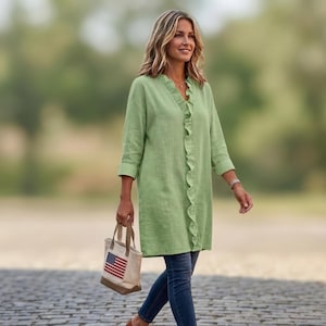 Women's Spring Casual Cotton-Linen Shirt | Loose V-neck Long Sleeve Top with Ruffled Trim | Simple Commuter Style