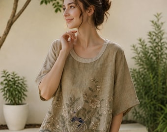 Linnen top met geborduurde bloemen | Losse boho zomerblouse | Vakantieshirt vintage stijl | Casual top met etnische borduursels voor dames