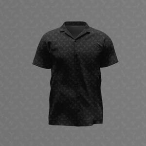 May include: A black short-sleeve button-down shirt featuring a subtle, repeating tonal pattern of small bat silhouettes across the entire fabric. The garment has a classic collar, a straight hem, and a central vertical row of matching black buttons.