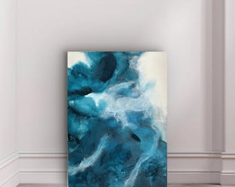 Tiefseeströmung – Abstraktes Gemälde in Türkisblau und Weiß | Modernes Gemälde 55 x 75 cm