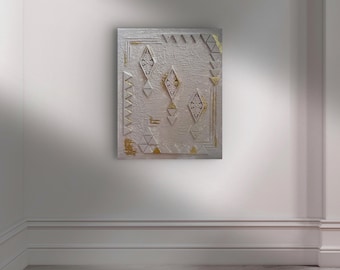 Pintura abstracta texturizada en beige y dorado – Arte mural minimalista en relieve – Decoración geométrica moderna hecha a mano