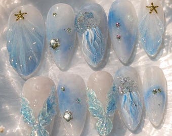 Ocean Almond Drücken Sie auf die Nägel | Blaue Qualle Gelkleber Nägel