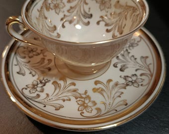 Servizio da tè vintage, 6 tazze e piattini, porcellana dorata, Alka Kunst Bavaria, Germania, decorazione floreale dorata — modello 636