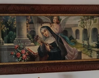 Antike Chromolithografie der Heiligen Rita Cascia, signiert B. Vasco | Gerahmte religiöse Kunst | Großformatig (89 x 48 cm) | Frühes 20. Jahrhundert