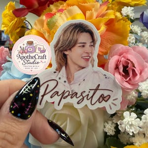 Puede incluir: Una pegatina troquelada con el retrato de una persona de cabello castaño claro y la palabra Papasito escrita en una fuente cursiva de color marrón oscuro. Un logotipo circular de ApotheCraft Studio Crafted with a Dose of Joy se ve a la izquierda.