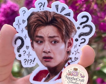 May include: A die-cut vinyl sticker featuring a photographic portrait of a person with a confused expression, surrounded by black ink-style illustrations of question marks, exclamation points, hearts, and sparkles, with a small circular logo sticker.