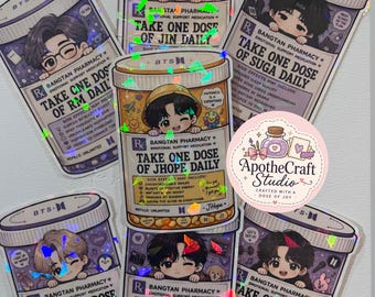 May include: Seven holographic stickers shaped like medicine jars, each featuring a cartoon illustration of a BTS member. The labels read Bangtan Pharmacy and Take One Dose Daily, with individual names like RM, Jin, Suga, J-Hope, Jimin, V, and Jungkook.