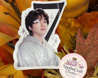 May include: A die-cut sticker featuring a person with dark hair wearing a grey hoodie, positioned in front of a large black number seven. The sticker includes small hand-drawn star accents and a separate circular logo sticker labeled ApotheCraft Studio.