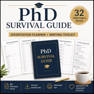 May include: A navy blue "PhD Survival Guide" book with gold lettering and a graduation cap icon, alongside planning pages and a coffee cup. The guide includes a dissertation planner and writing toolkit, with 32 printable pages.