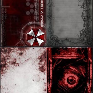Peut inclure: Une œuvre d'art numérique avec une esthétique sombre et gothique. L'image comprend le texte "resident evil.pdf" et "32 из 38". La conception intègre le logo Umbrella Corporation, un emblème rouge et blanc, et les mots "RESIDENT EVIL".