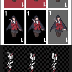 May include: Playing cards featuring an anime character in a red blazer and plaid skirt, holding cards. The cards have a white '1' and a 'L' symbol. The bottom of the image shows text in Japanese over a checkered background.