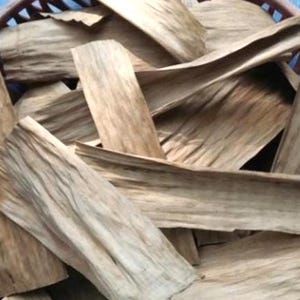 Puede incluir: Primer plano de un montón de hojas de plátano secas, de color marrón claro. Las hojas tienen una textura veteada y formas variadas. Se superponen, creando un efecto de capas. El conjunto transmite una impresión natural y terrosa.
