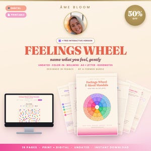 Peut inclure: Un ensemble de journal de bien-être Feelings Wheel et Mood Mandala, numérique et imprimable. Il comprend 16 pages aux formats A4 et lettre, avec une roue des émotions colorée, des suivis d'humeur et une version numérique pour Goodnotes.