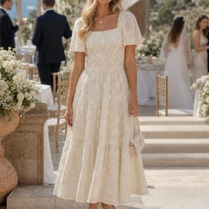 Floral Midi Dress for Women – Square Neck Tiered Wedding Guest Dress