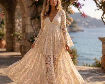 Abito lungo boho in pizzo da donna · Abito lungo rustico a maniche lunghe · Outfit romantico vintage in stile cottagecore