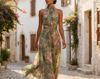 Green Floral Halter Maxi Dress · Backless Chiffon Summer Dress for Women · Boho Wedding Guest Dress · Flowy Resort Wear Outfit