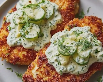 May include: Two breaded and fried chicken cutlets served on a plate, each topped with a creamy white sauce containing sliced green cucumbers and fresh green dill sprigs. The golden-brown crust of the chicken is visible beneath the sauce.