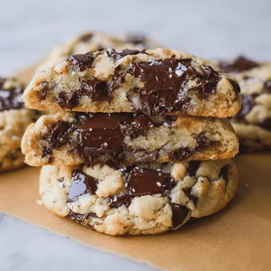 Può includere: Una pila di tre biscotti rotondi con gocce di cioccolato, un esterno dorato e un centro morbido. I biscotti sono farciti con grandi pezzi di cioccolato fondente fuso e cosparsi con un leggero strato di cristalli di sale marino.