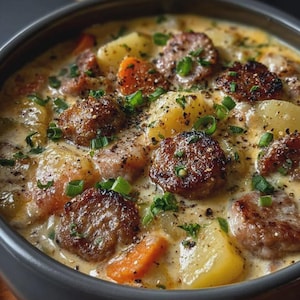 May include: A dark gray bowl filled with a creamy stew containing browned sausage slices, diced potatoes, and orange carrot chunks. The dish is garnished with chopped green onions and black pepper, served in a thick, light-colored sauce.