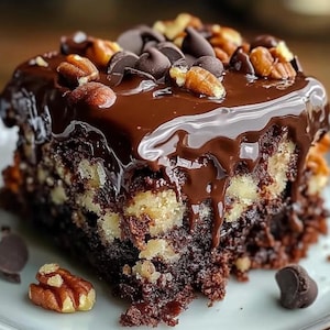 May include: A square brownie topped with a thick layer of glossy chocolate ganache, dark chocolate chips, and toasted pecan halves. The dense, dark chocolate cake base is studded with visible chopped nuts throughout the interior texture.