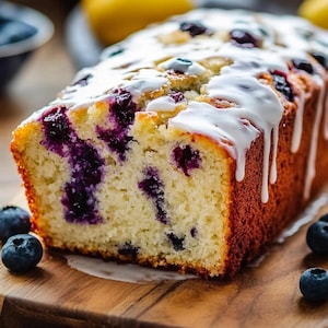 Könnte beinhalten: Ein rechteckiger Blaubeerkuchen mit goldbrauner Kruste, durchzogen von ganzen Blaubeeren im Teig und überzogen mit einer dicken, weißen Zuckerglasur, die an den Seiten herabläuft, serviert mit frischen Blaubeeren in der Nähe.
