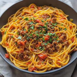 Può includere: Una ciotola di spaghetti conditi con un vivace sugo di pomodoro rosso-arancio con carne macinata, guarniti con una generosa spolverata di prezzemolo fresco tritato. Il piatto è servito in una ciotola grigio scuro, che mette in risalto la pasta.