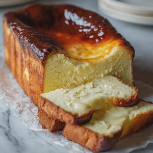 May include: A rectangular loaf of baked cheesecake with a deeply browned, caramelized top surface and a pale yellow, creamy interior. Two thick slices are cut from the main loaf, revealing a soft, dense texture and a moist, custard-like center.