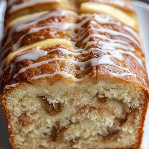 Peut inclure: Un cake doré avec un tourbillon visible de cannelle et des morceaux de pomme dans la mie. Le dessus du gâteau est décoré de fines tranches de pomme fraîche et d'un filet de glaçage au sucre blanc, créant une surface texturée.