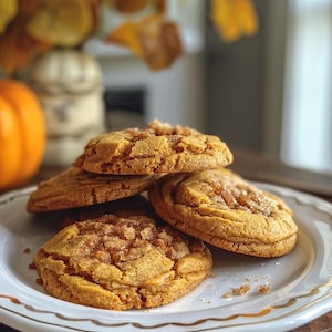 May include: A stack of four round, golden-brown cookies with a cracked, textured surface and visible coarse sugar crystals on top. The cookies are arranged on a white ceramic plate featuring a decorative scalloped edge and a thin gold rim detail.
