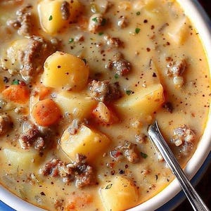 May include: A creamy soup in a white bowl featuring chunks of yellow potatoes, browned ground meat, and sliced orange carrots in a thick, seasoned broth with visible black pepper flakes and green herbs, accompanied by a silver metal spoon.