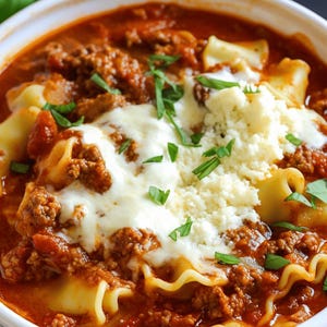 Puede incluir: Un tazón blanco lleno de sopa de lasaña con pasta ondulada, una rica salsa de tomate con carne, queso mozzarella blanco derretido y una cobertura de queso blanco desmenuzado adornado con trozos pequeños de hojas de albahaca verde fresca.