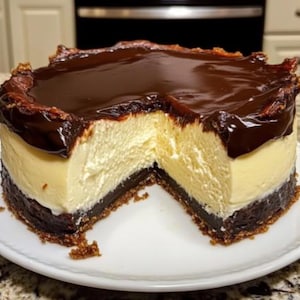 May include: A round cheesecake featuring a dark brown chocolate brownie base, a thick layer of creamy off-white filling, and a glossy dark chocolate ganache topping. A single wedge has been removed, revealing the distinct layers of the dessert.